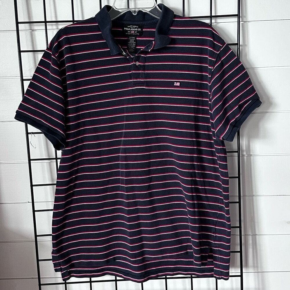 Vintage Polo Jeans Co. Ralph Lauren Polo Shirt Mens XL Blue‎ Flag Striped 90s